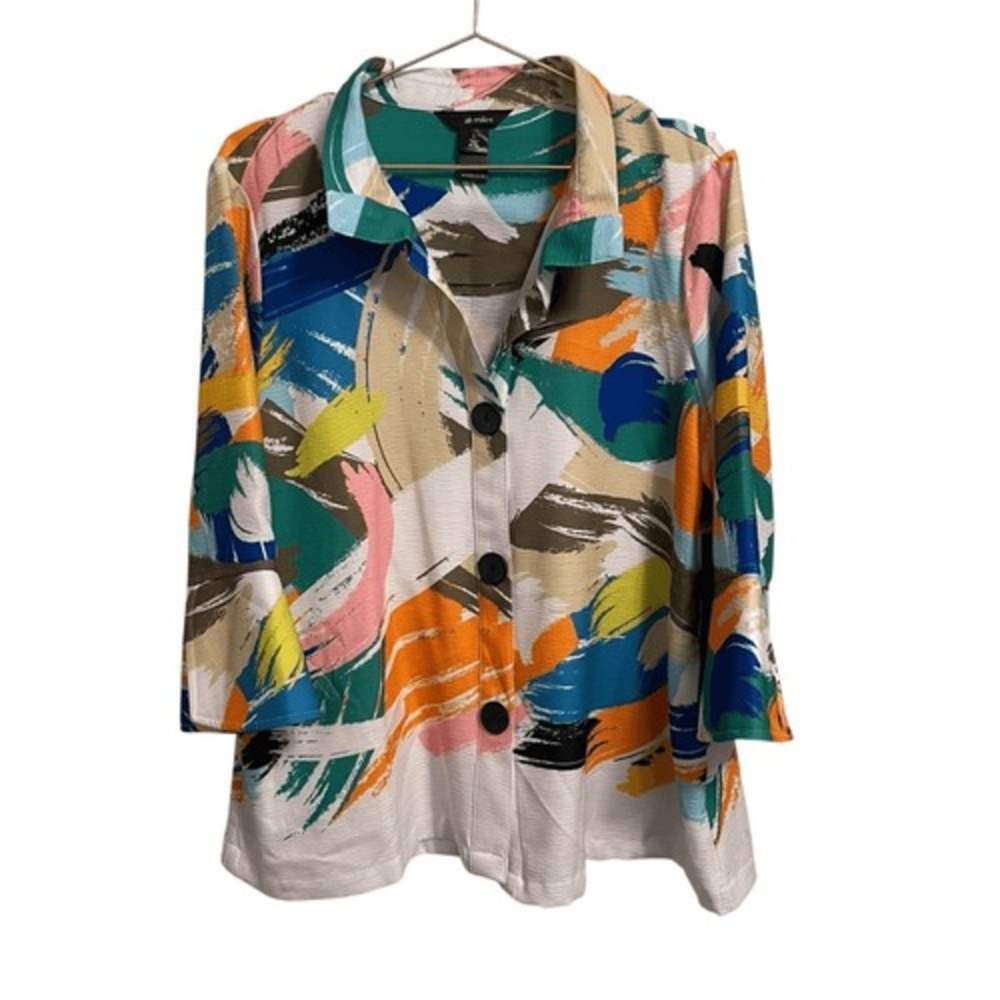 Ali Miles Womens Large Abstract Brushstroke Button Front 3/4 Sleeve Blouse Multi